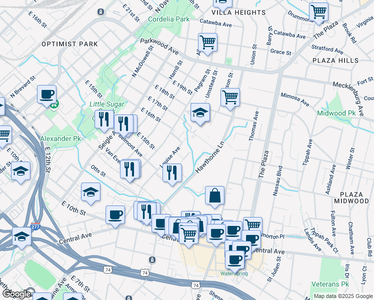 map of restaurants, bars, coffee shops, grocery stores, and more near 1300 Pamlico Street in Charlotte