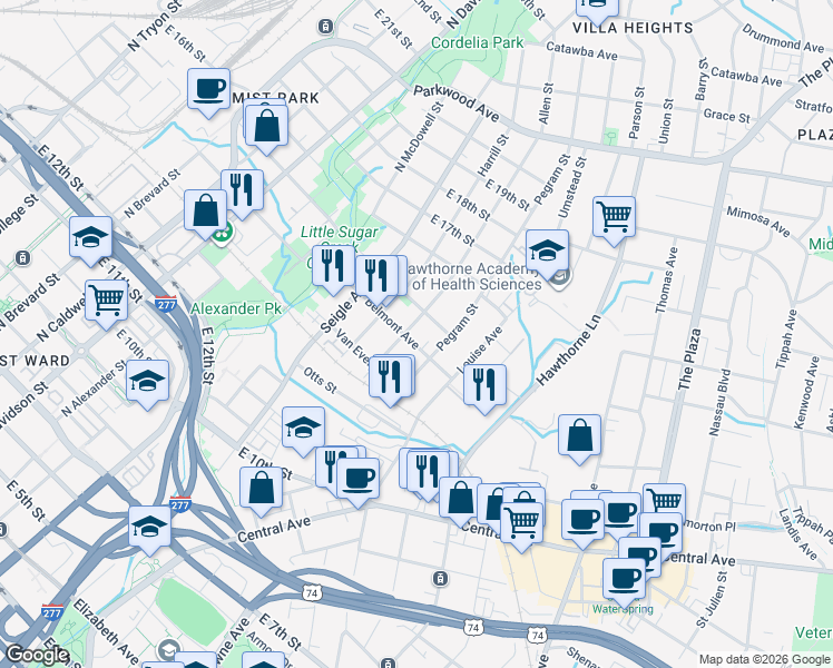 map of restaurants, bars, coffee shops, grocery stores, and more near 1109 Allen Street in Charlotte
