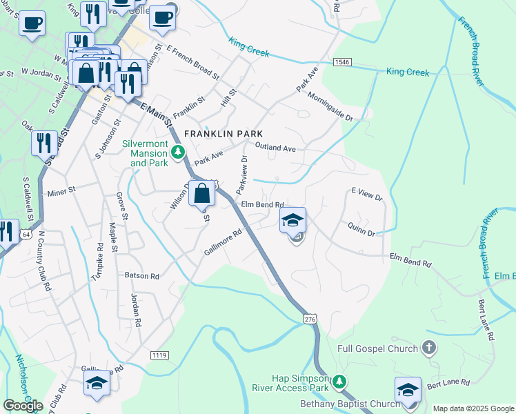 map of restaurants, bars, coffee shops, grocery stores, and more near 109 Elm Bend Road in Brevard
