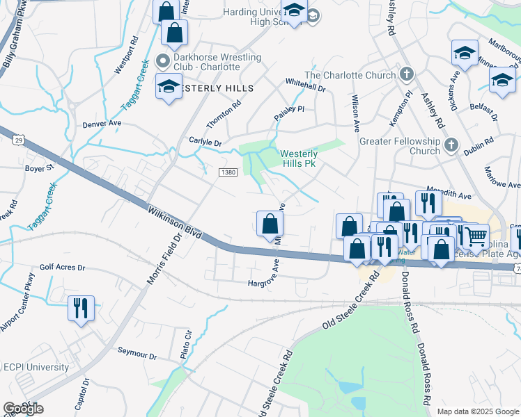 map of restaurants, bars, coffee shops, grocery stores, and more near 3824 Davis Avenue in Charlotte