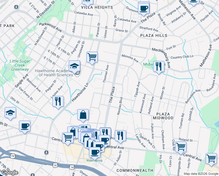map of restaurants, bars, coffee shops, grocery stores, and more near in Charlotte