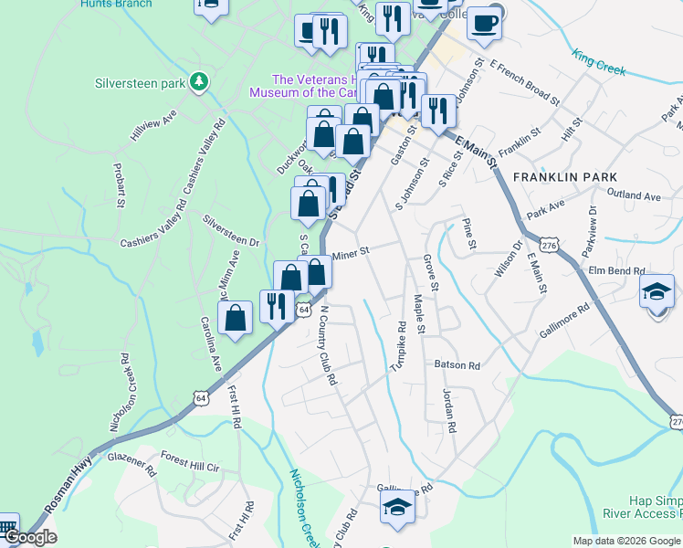 map of restaurants, bars, coffee shops, grocery stores, and more near 483 South Broad Street in Brevard