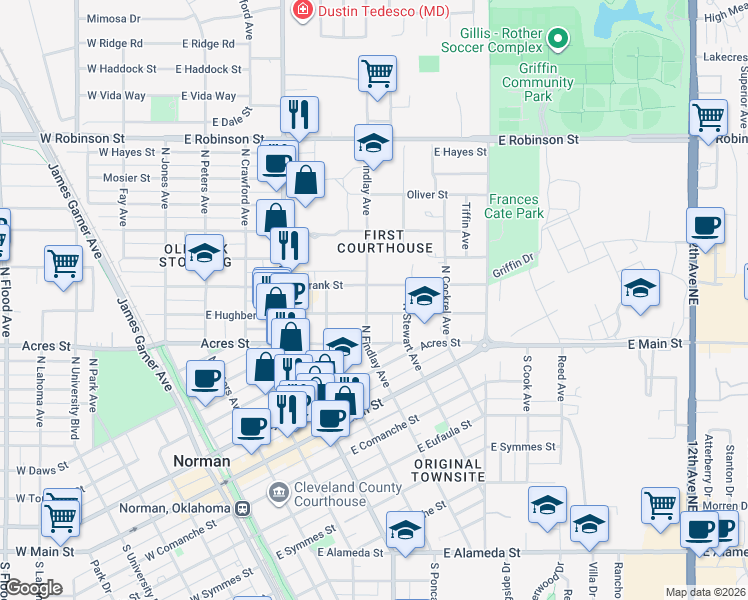 map of restaurants, bars, coffee shops, grocery stores, and more near 419 North Findlay Avenue in Norman