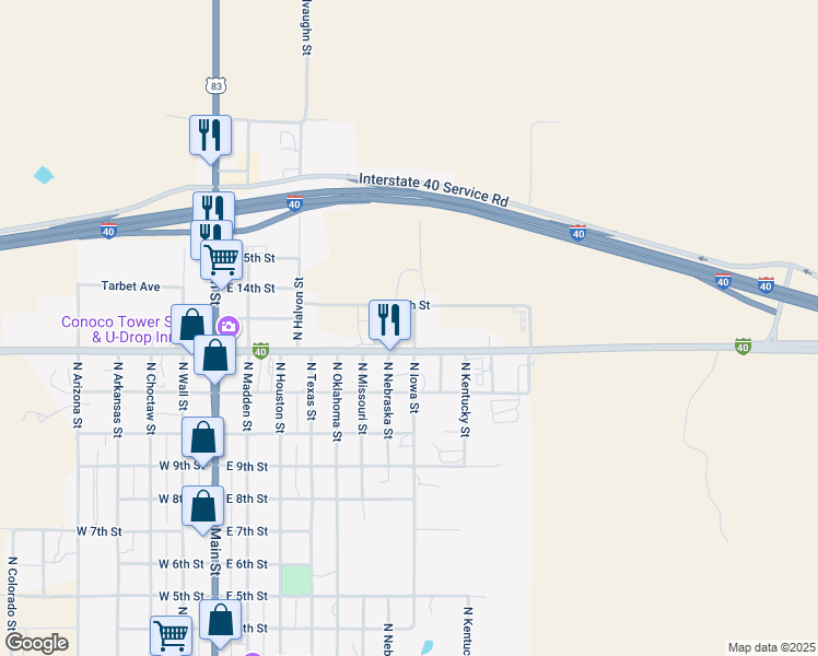 map of restaurants, bars, coffee shops, grocery stores, and more near 711 East 12th Street in Shamrock