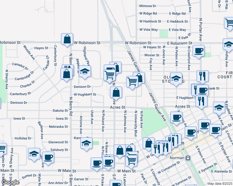 map of restaurants, bars, coffee shops, grocery stores, and more near 1511 Hollywood Avenue in Norman