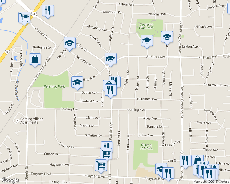 map of restaurants, bars, coffee shops, grocery stores, and more near 3722 North Watkins Street in Memphis