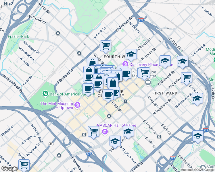 map of restaurants, bars, coffee shops, grocery stores, and more near 108 South Tryon Street in Charlotte