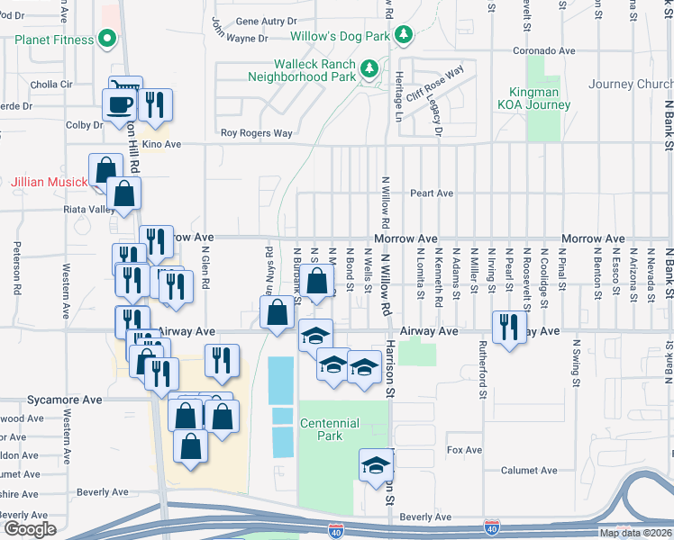 map of restaurants, bars, coffee shops, grocery stores, and more near 3591 North Bond Street in Kingman