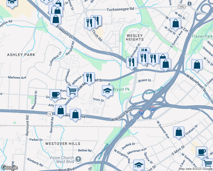 map of restaurants, bars, coffee shops, grocery stores, and more near 1835 West Morehead Street in Charlotte
