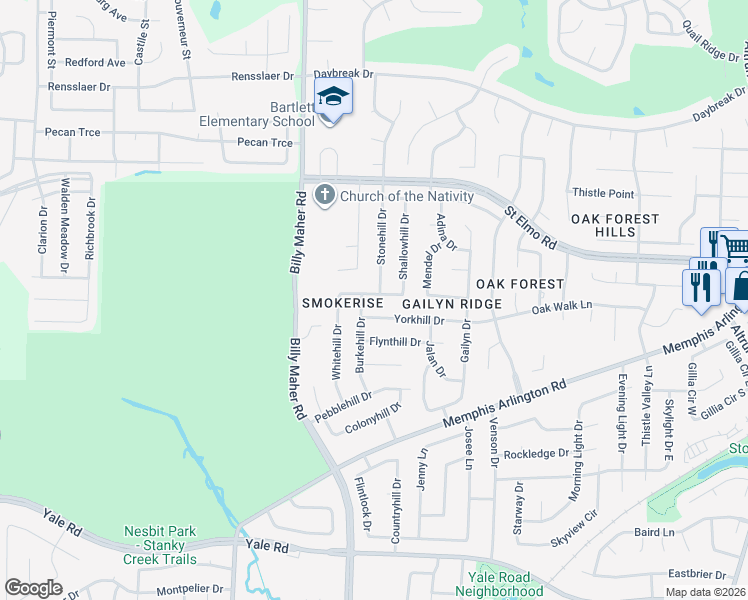 map of restaurants, bars, coffee shops, grocery stores, and more near 6041 Lawnhill Drive in Memphis