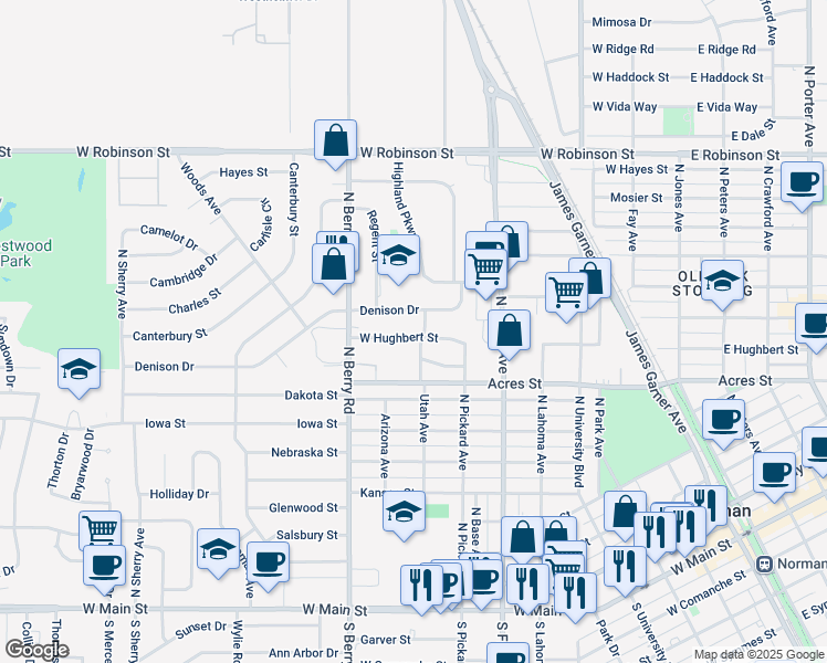 map of restaurants, bars, coffee shops, grocery stores, and more near 807 West Hughbert Street in Norman