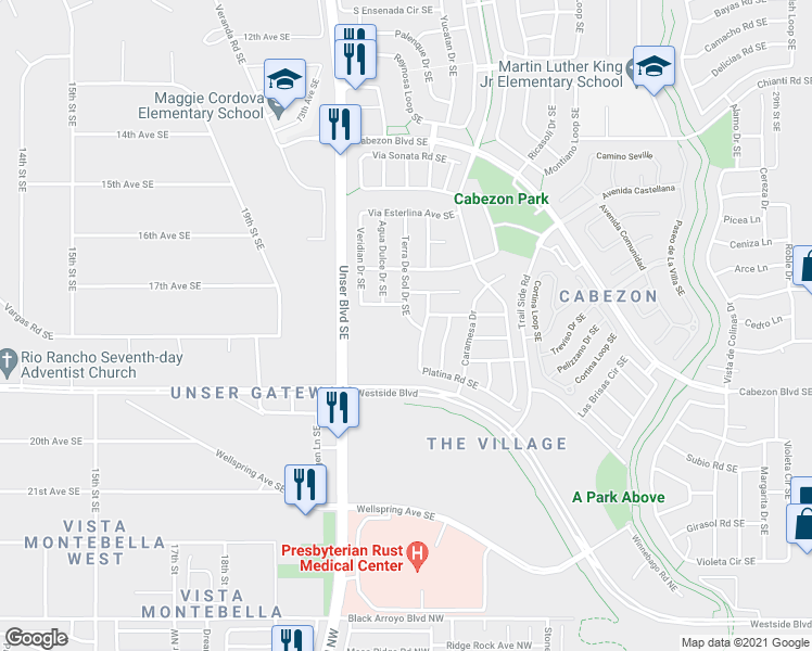 map of restaurants, bars, coffee shops, grocery stores, and more near 1817 Terra De Sol Drive Southeast in Rio Rancho
