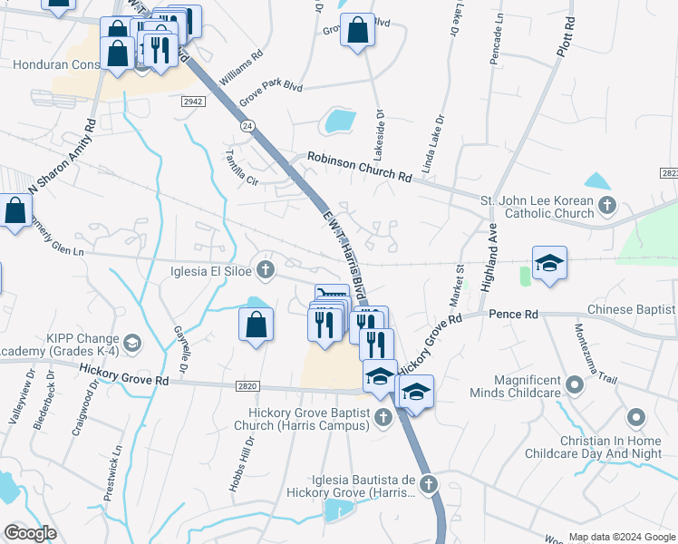 map of restaurants, bars, coffee shops, grocery stores, and more near 5649 Kimmerly Woods Drive in Charlotte