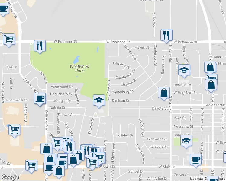 map of restaurants, bars, coffee shops, grocery stores, and more near 1713 Canterbury Street in Norman