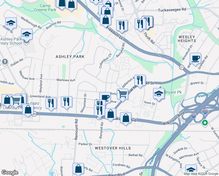 map of restaurants, bars, coffee shops, grocery stores, and more near 2512 Alyssa Lane in Charlotte