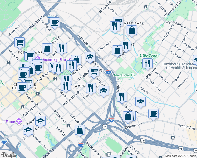 map of restaurants, bars, coffee shops, grocery stores, and more near 611 East 10th Street in Charlotte