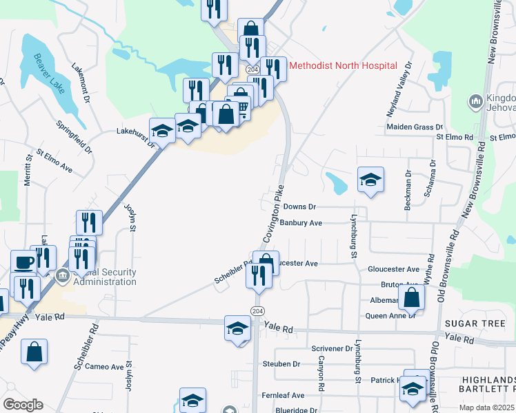 map of restaurants, bars, coffee shops, grocery stores, and more near 5109 Wyndance Drive in Memphis