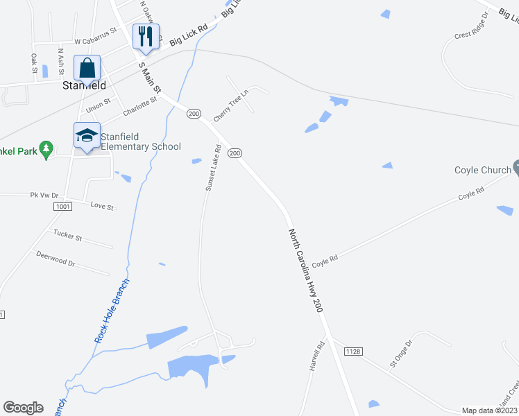 map of restaurants, bars, coffee shops, grocery stores, and more near 353 North Carolina Highway 200 in Stanfield