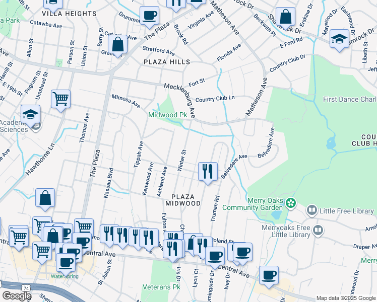 map of restaurants, bars, coffee shops, grocery stores, and more near 2139 Winter Street in Charlotte