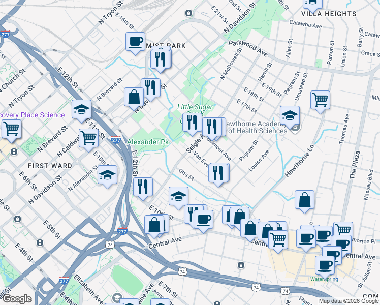 map of restaurants, bars, coffee shops, grocery stores, and more near in Charlotte