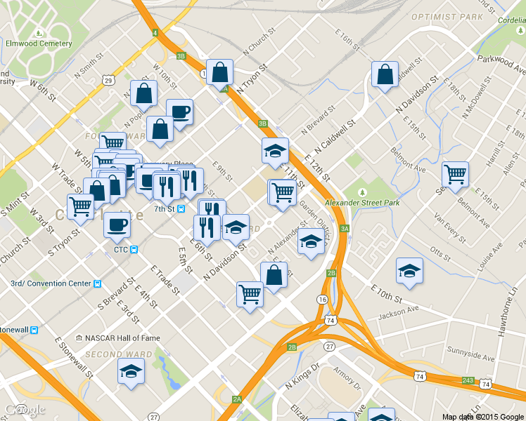 map of restaurants, bars, coffee shops, grocery stores, and more near 503 East 9th Street in Charlotte