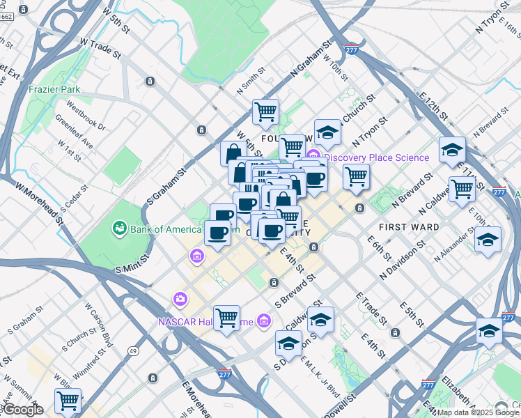 map of restaurants, bars, coffee shops, grocery stores, and more near 106 West Trade Street in Charlotte