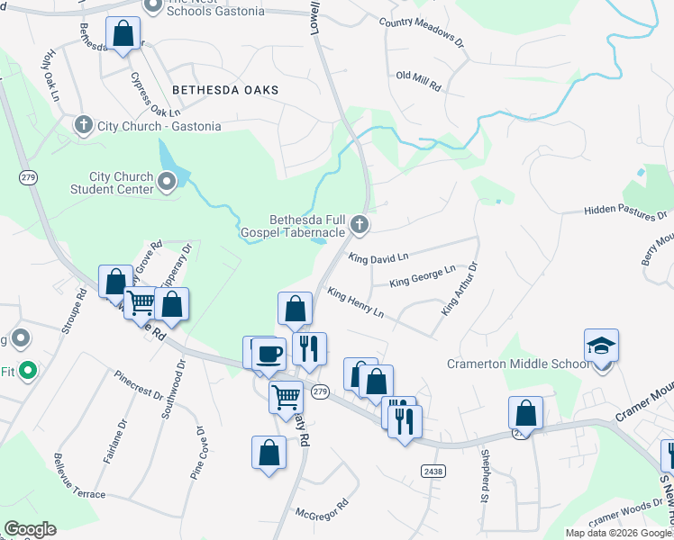 map of restaurants, bars, coffee shops, grocery stores, and more near 100 Willow Run Drive in Gastonia