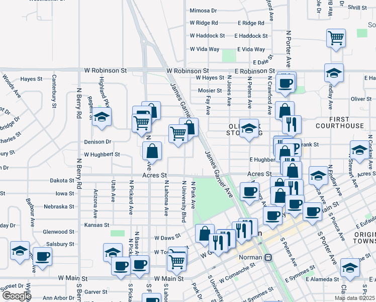 map of restaurants, bars, coffee shops, grocery stores, and more near 1019 North University Boulevard in Norman