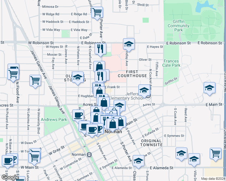map of restaurants, bars, coffee shops, grocery stores, and more near 516 North Ponca Avenue in Norman