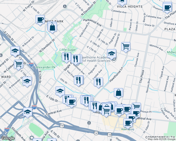 map of restaurants, bars, coffee shops, grocery stores, and more near 1201 Pegram Street in Charlotte