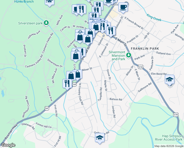map of restaurants, bars, coffee shops, grocery stores, and more near 4 North Laurel Lane in Brevard