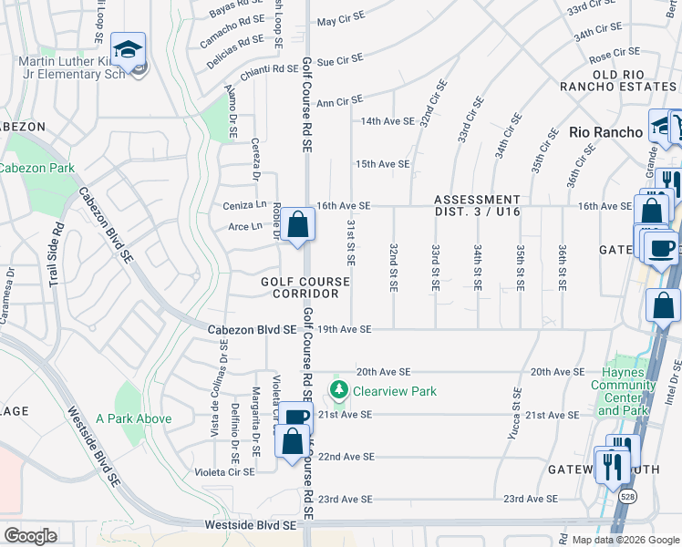 map of restaurants, bars, coffee shops, grocery stores, and more near 1713 31st Street Southeast in Rio Rancho
