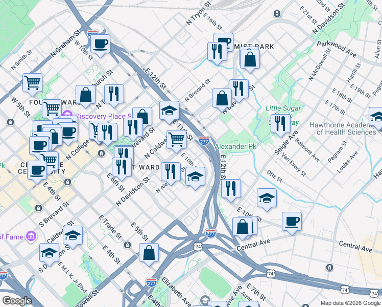map of restaurants, bars, coffee shops, grocery stores, and more near in Charlotte