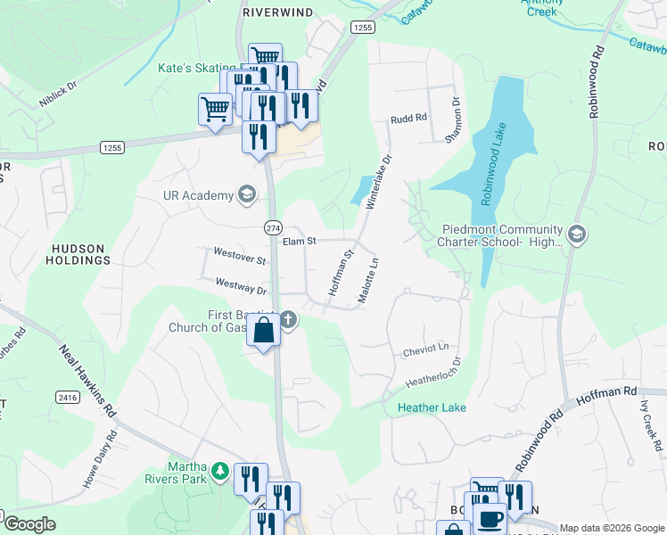 map of restaurants, bars, coffee shops, grocery stores, and more near 2413 Hoffman Street in Gastonia