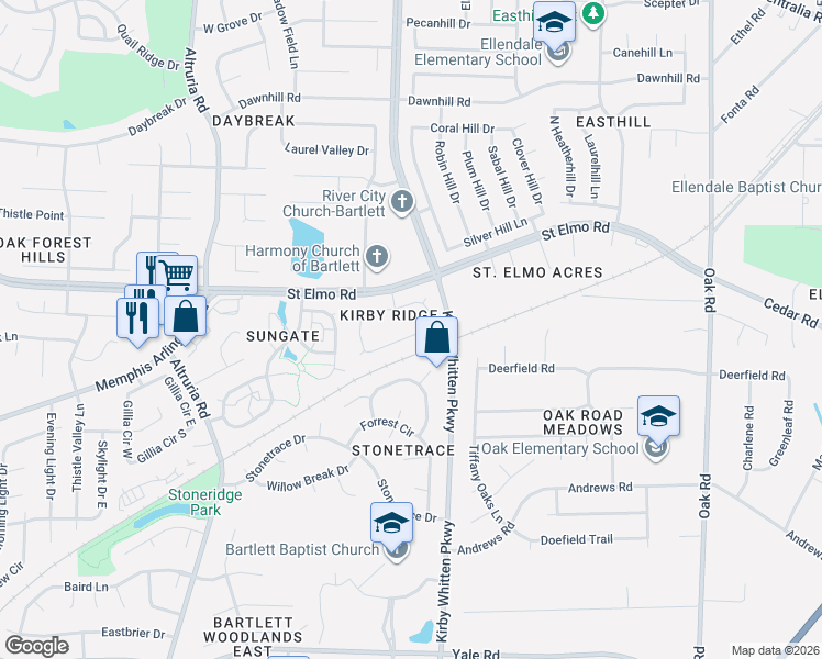 map of restaurants, bars, coffee shops, grocery stores, and more near 6749 Oakmoor Circle North in Bartlett