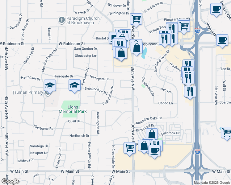 map of restaurants, bars, coffee shops, grocery stores, and more near 709 Cedarbrook Drive in Norman