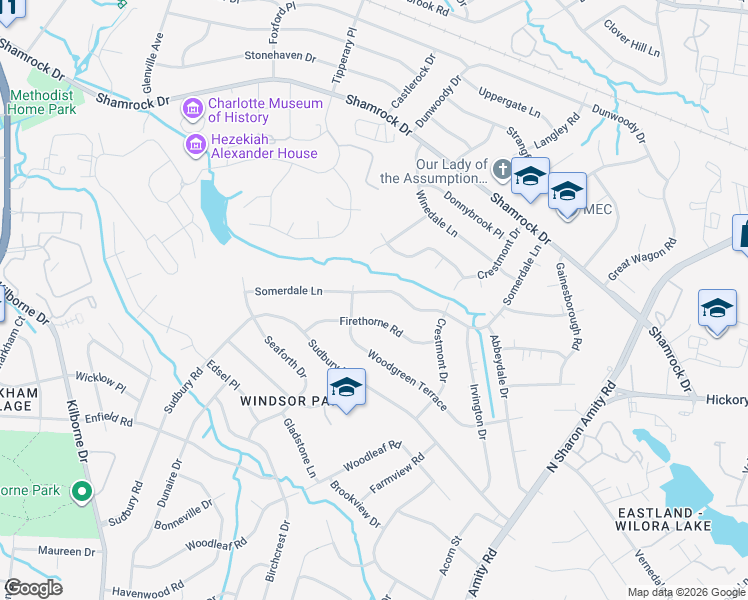 map of restaurants, bars, coffee shops, grocery stores, and more near 4124 Somerdale Lane in Charlotte