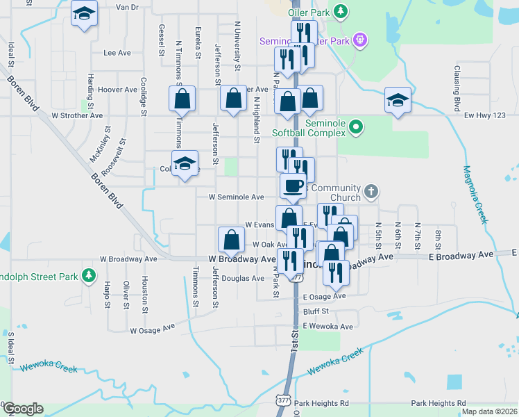 map of restaurants, bars, coffee shops, grocery stores, and more near 425 North Highland Street in Seminole