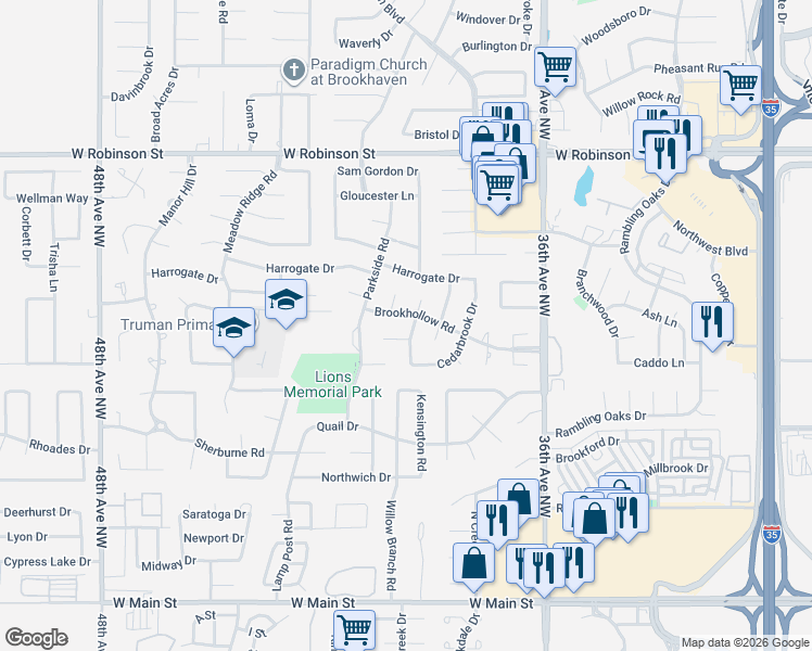 map of restaurants, bars, coffee shops, grocery stores, and more near 3918 Brookhollow Road in Norman