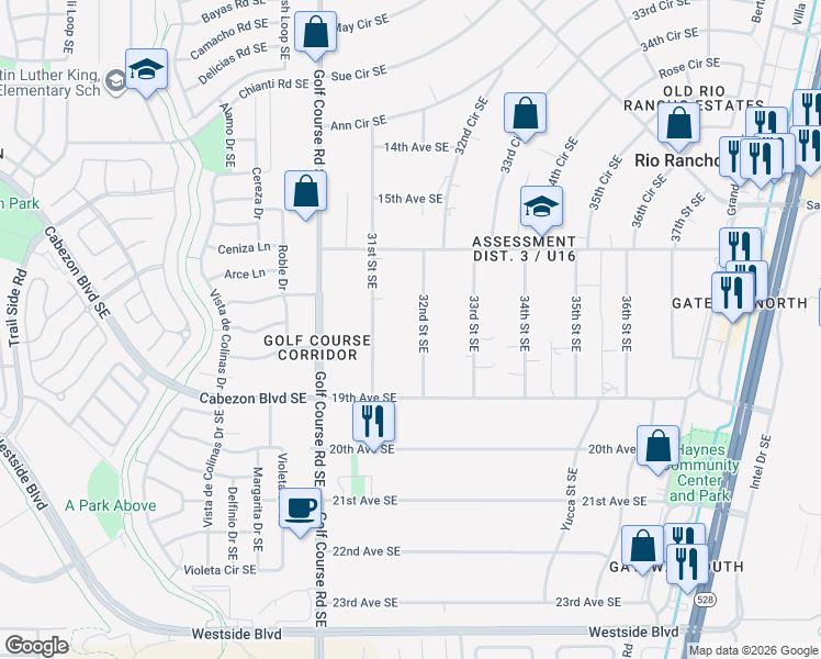 map of restaurants, bars, coffee shops, grocery stores, and more near 1717 32nd Street Southeast in Rio Rancho