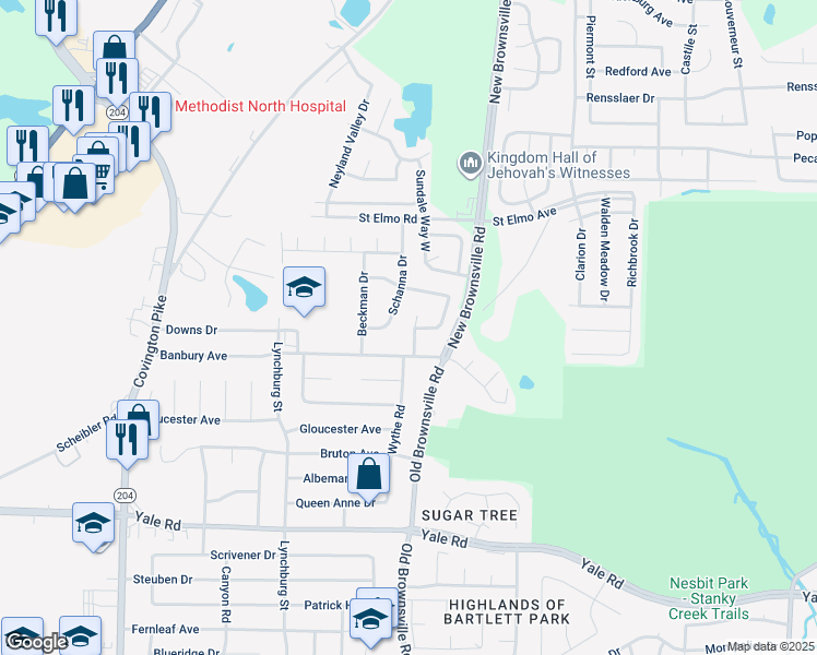 map of restaurants, bars, coffee shops, grocery stores, and more near 3721 Rippling Creek Cove in Memphis