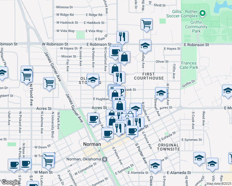 map of restaurants, bars, coffee shops, grocery stores, and more near 622 North Porter Avenue in Norman