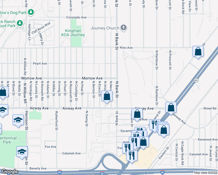 map of restaurants, bars, coffee shops, grocery stores, and more near 3576-3642 North Nevada Street in Kingman