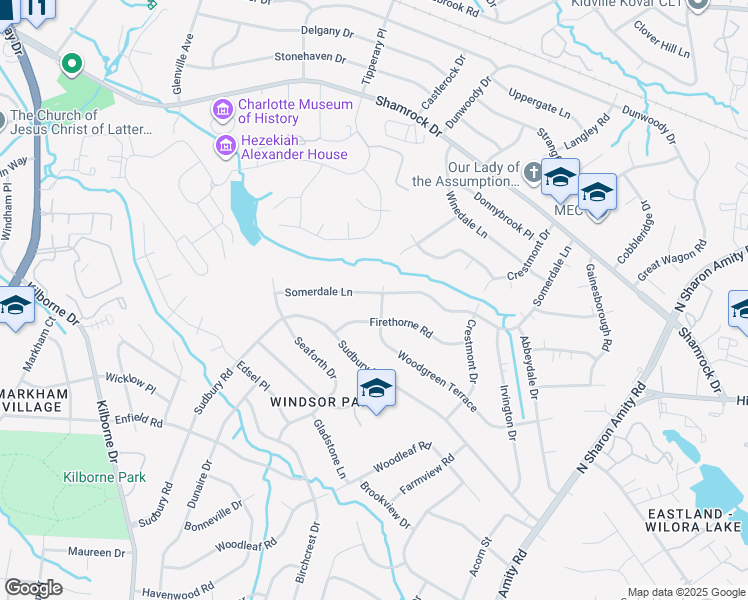 map of restaurants, bars, coffee shops, grocery stores, and more near 4044 Somerdale Lane in Charlotte