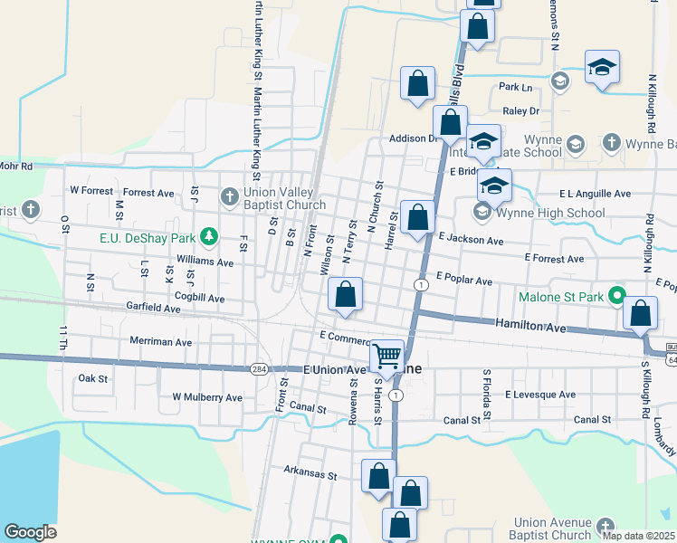 map of restaurants, bars, coffee shops, grocery stores, and more near 604 Wilson Street in Wynne