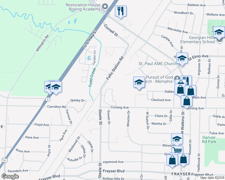 map of restaurants, bars, coffee shops, grocery stores, and more near 3689 Pershing Park Drive in Memphis