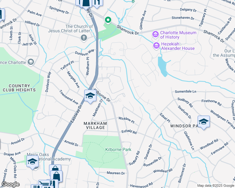 map of restaurants, bars, coffee shops, grocery stores, and more near 2209 Kilborne Drive in Charlotte
