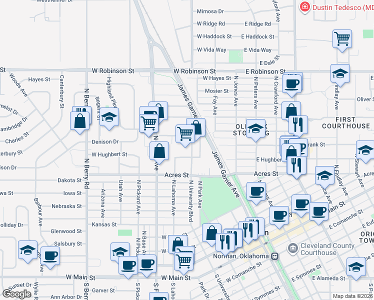 map of restaurants, bars, coffee shops, grocery stores, and more near 1010 North University Boulevard in Norman