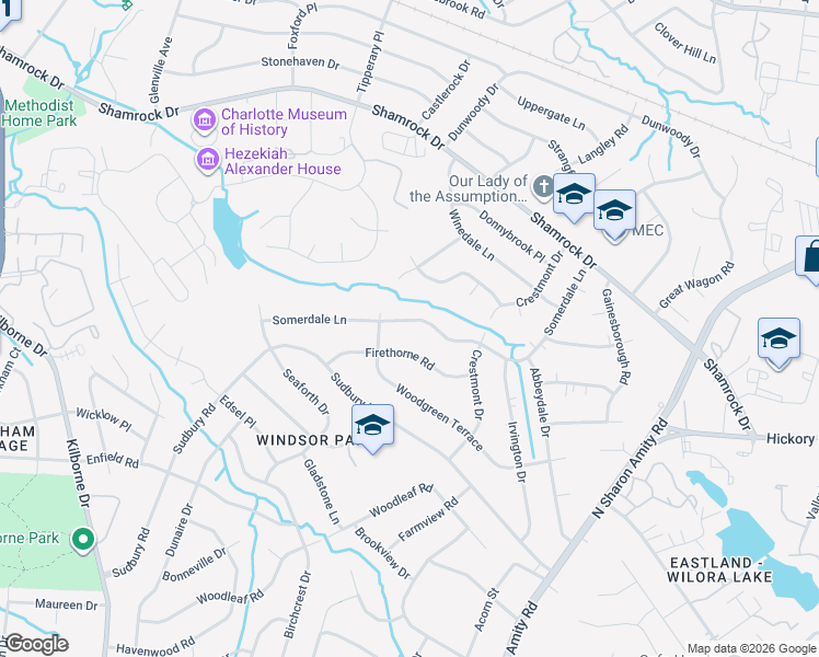 map of restaurants, bars, coffee shops, grocery stores, and more near 4124 Somerdale Lane in Charlotte