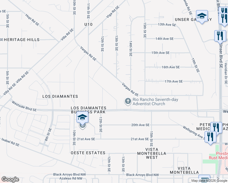 map of restaurants, bars, coffee shops, grocery stores, and more near 1209 Ventura Road Southeast in Rio Rancho